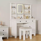Makeup Vanity Desk,Makeup Vanity with Mirror and Lights & Power Outlet, Makeup Table with 2 Drawers, Cushioned Stool, Dressing Table with Glass Top