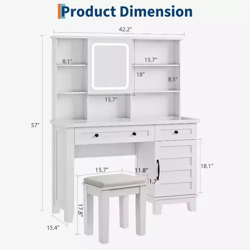 Makeup Vanity Desk,Makeup Vanity with Mirror and Lights & Power Outlet, Makeup Table with 2 Drawers, Cushioned Stool, Dressing Table with Glass Top