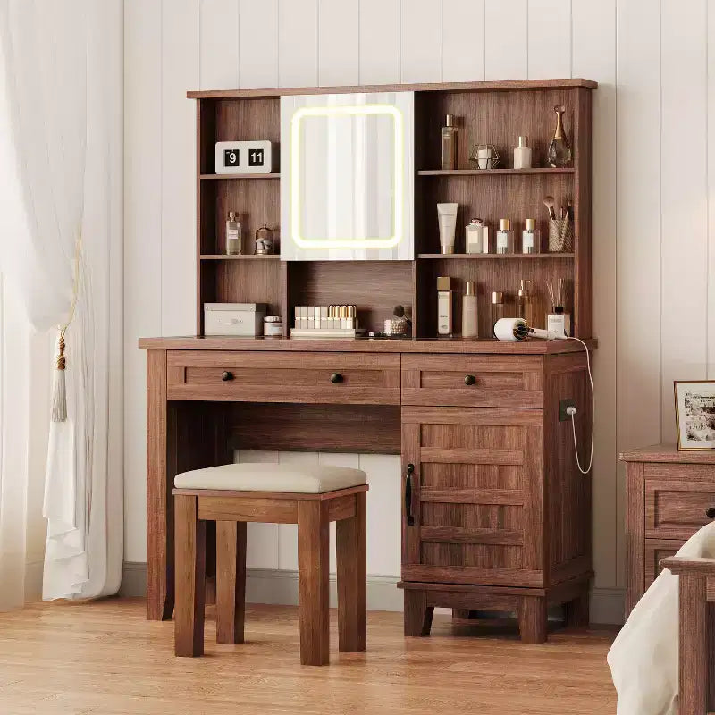Makeup Vanity Desk,Makeup Vanity with Mirror and Lights & Power Outlet, Makeup Table with 2 Drawers, Cushioned Stool, Dressing Table with Glass Top