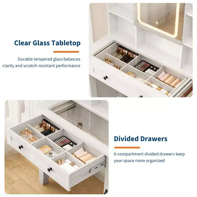 Makeup Vanity Desk,Makeup Vanity with Mirror and Lights & Power Outlet, Makeup Table with 2 Drawers, Cushioned Stool, Dressing Table with Glass Top