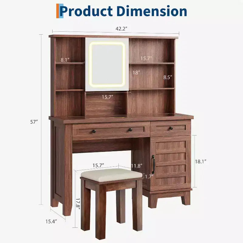 Makeup Vanity Desk,Makeup Vanity with Mirror and Lights & Power Outlet, Makeup Table with 2 Drawers, Cushioned Stool, Dressing Table with Glass Top