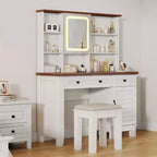 Makeup Vanity Desk,Makeup Vanity with Mirror and Lights & Power Outlet, Makeup Table with 2 Drawers, Cushioned Stool, Dressing Table with Glass Top