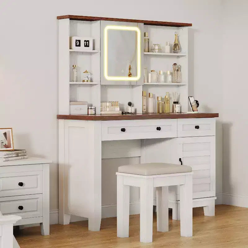 Makeup Vanity Desk,Makeup Vanity with Mirror and Lights & Power Outlet, Makeup Table with 2 Drawers, Cushioned Stool, Dressing Table with Glass Top