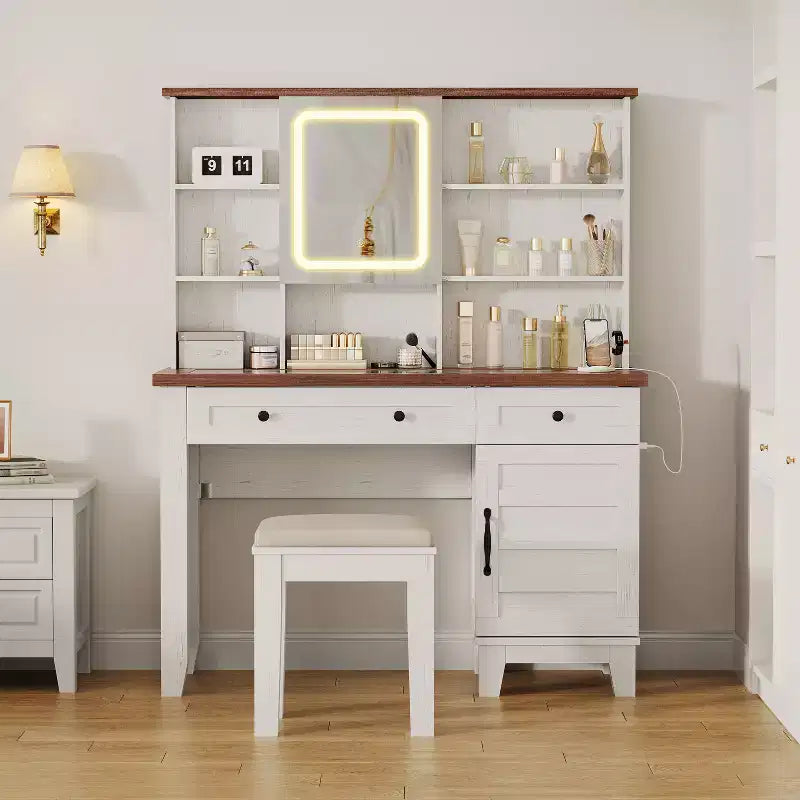Makeup Vanity Desk,Makeup Vanity with Mirror and Lights & Power Outlet, Makeup Table with 2 Drawers, Cushioned Stool, Dressing Table with Glass Top