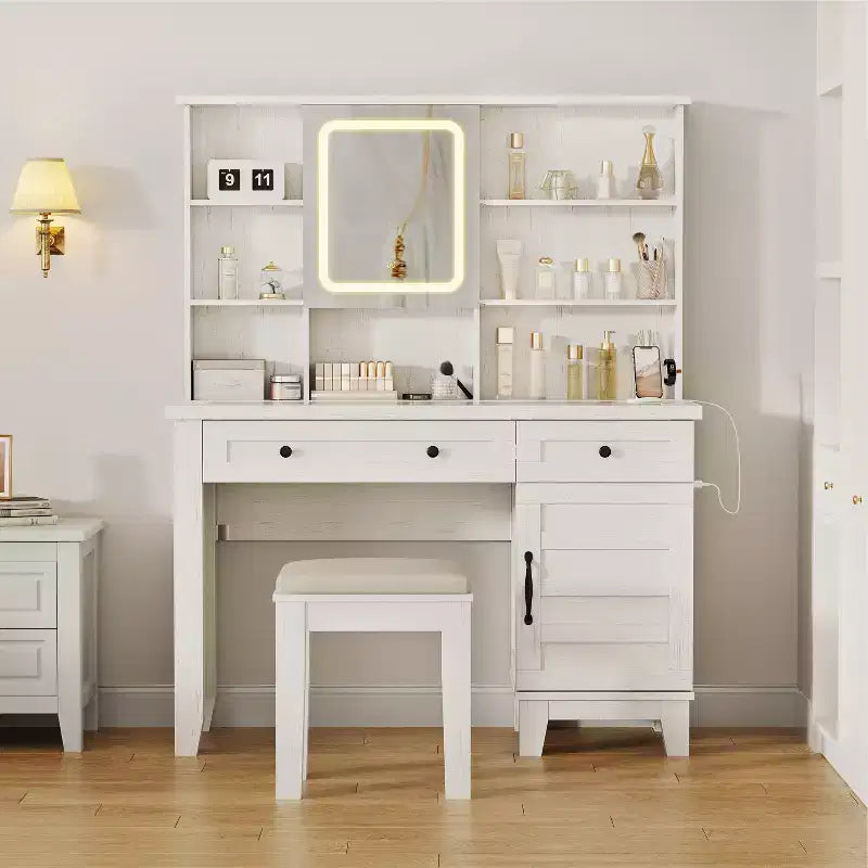 Makeup Vanity Desk,Makeup Vanity with Mirror and Lights & Power Outlet, Makeup Table with 2 Drawers, Cushioned Stool, Dressing Table with Glass Top