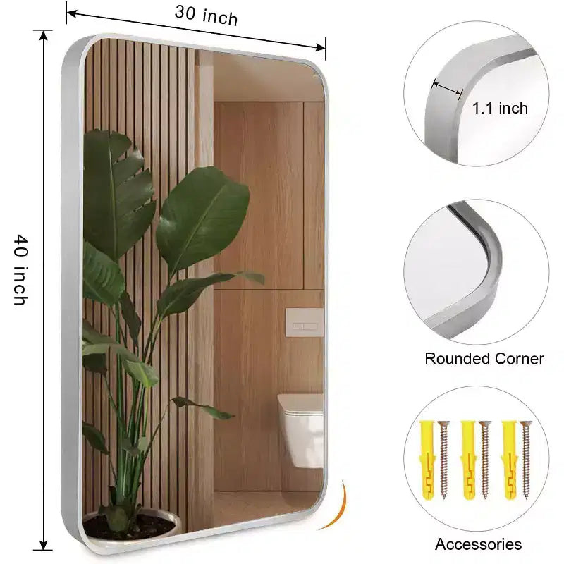 Miroir mural de salle de bain rectangulaire encadré en aluminium argenté, 30 x 40 pouces, miroir décoratif pour la maison
