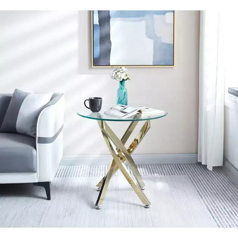Okak Modern Round End Tables with Tempered Glass Tabletop, Couch Table with Stainless Steel Legs, Side Table for Living Room, Bedroom, Gold