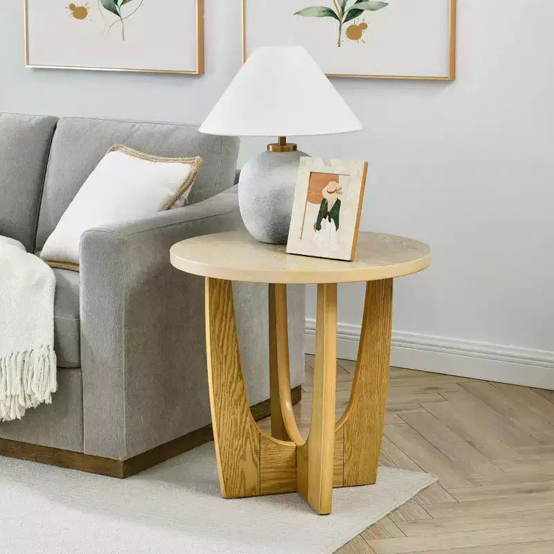 Okak Round End Table with Criss-Cross Legs, Wood Grain Side Table with Ample Top, Couch Table for Living Room, Bedroom, Balcony, Oak