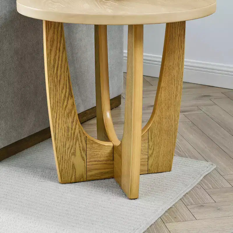 Table d'appoint ronde Okak avec pieds croisés, table d'appoint effet grain de bois avec grand plateau, table de canapé pour salon, chambre, balcon, chêne