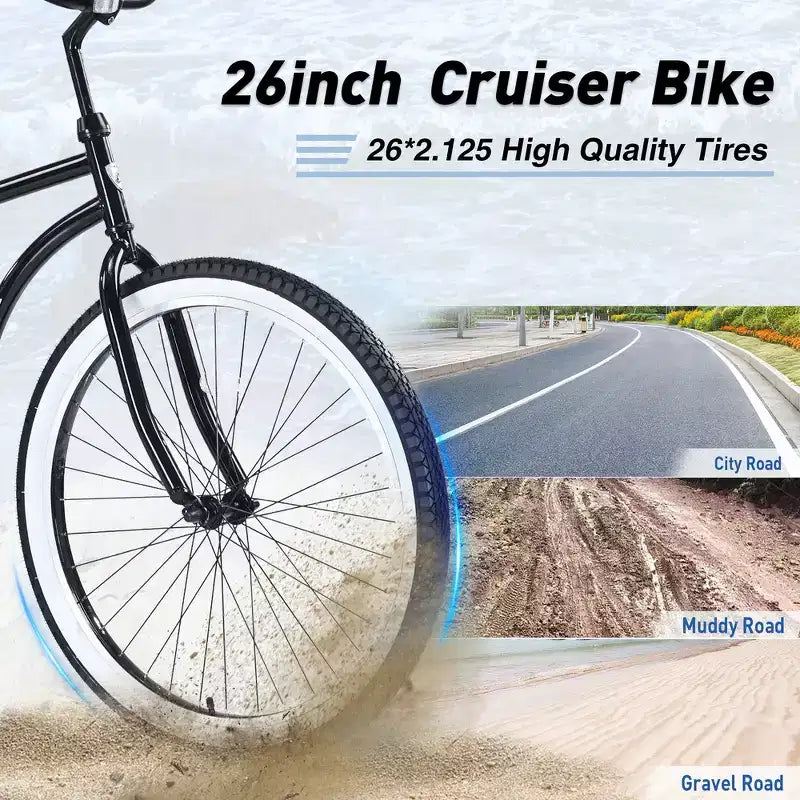 Vélo de plage Whisen 26 pour hommes, vélo à vitesse unique avec cadre en acier, roues larges pour la stabilité