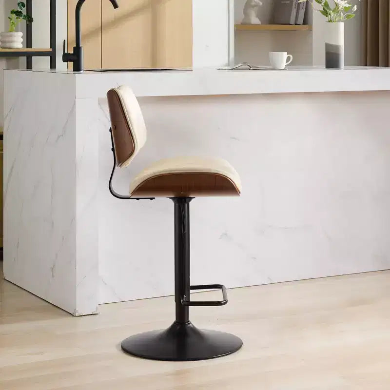 MAYEERTY Tabourets de Bar en Noyer Courbé - Milieu du Siècle Moderne, Hauteur Réglable, Cuir Noir, Pivotant à 360°, 1 Chaise/Carton