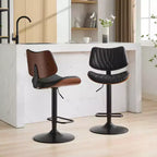 MAYEERTY Tabourets de Bar en Noyer Courbé - Milieu du Siècle Moderne, Hauteur Réglable, Cuir Noir, Pivotant à 360°, 1 Chaise/Carton