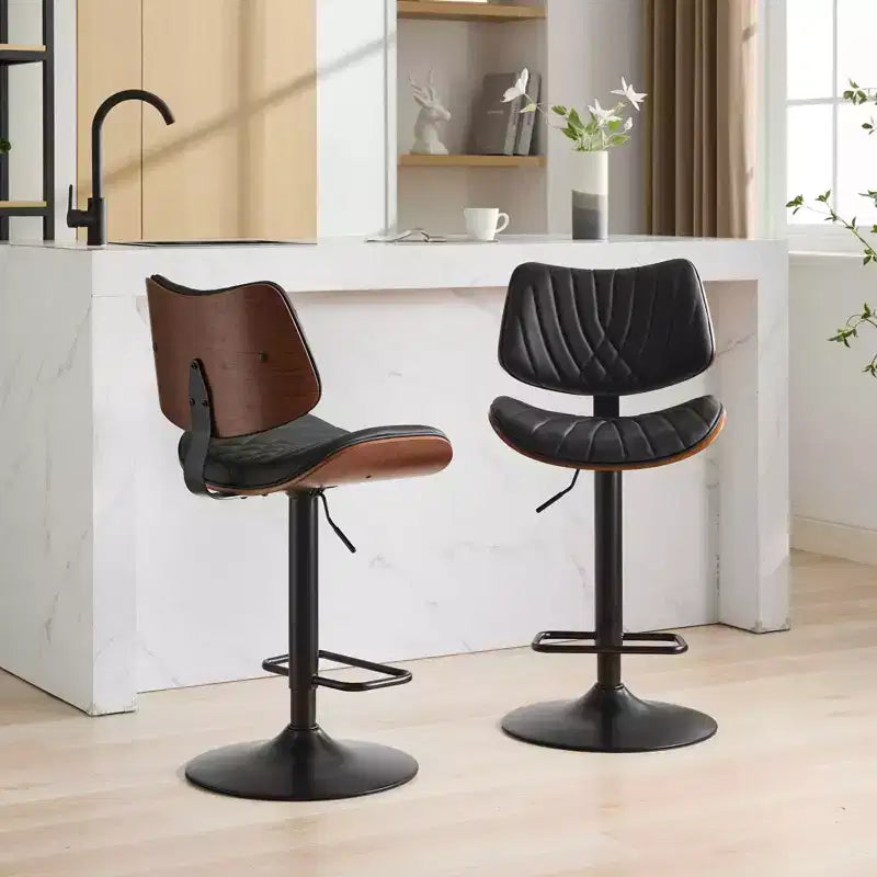 MAYEERTY Tabourets de Bar en Noyer Courbé - Milieu du Siècle Moderne, Hauteur Réglable, Cuir Noir, Pivotant à 360°, 1 Chaise/Carton