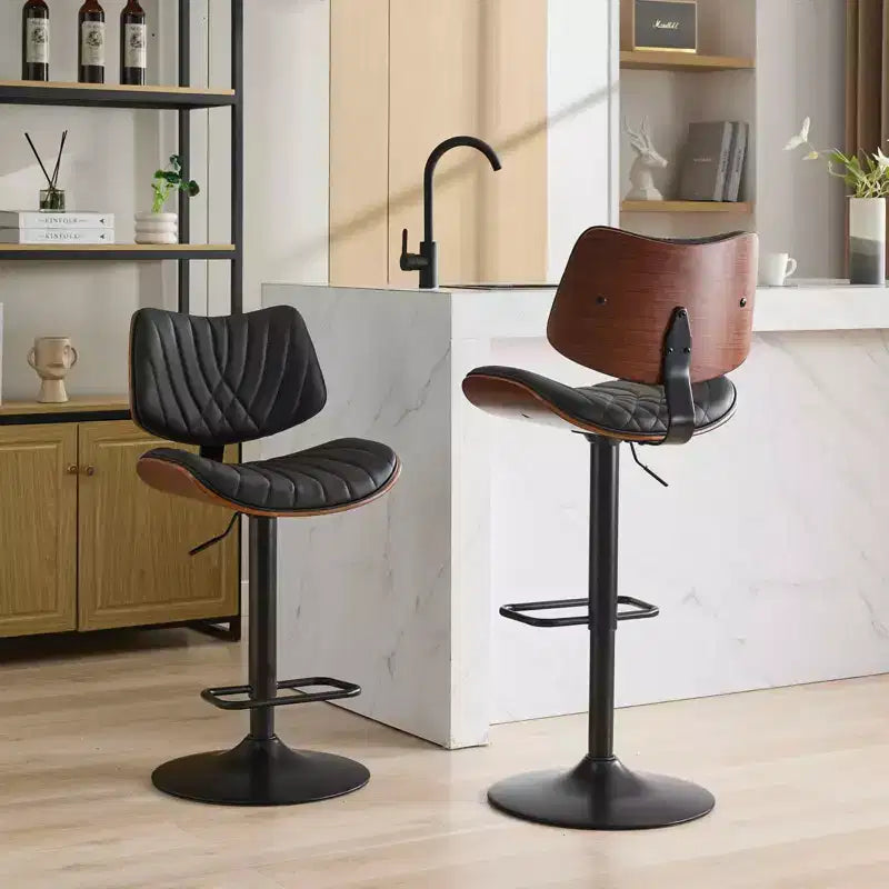 MAYEERTY Tabourets de Bar en Noyer Courbé - Milieu du Siècle Moderne, Hauteur Réglable, Cuir Noir, Pivotant à 360°, 1 Chaise/Carton