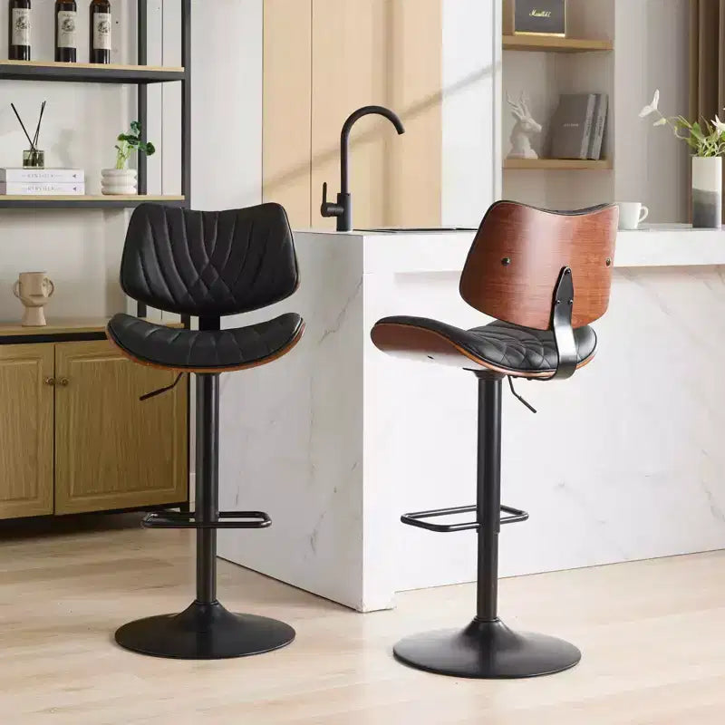 MAYEERTY Tabourets de Bar en Noyer Courbé - Milieu du Siècle Moderne, Hauteur Réglable, Cuir Noir, Pivotant à 360°, 1 Chaise/Carton
