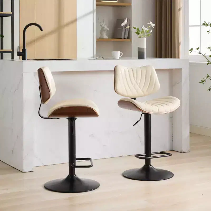 MAYEERTY Tabourets de Bar en Noyer Courbé - Milieu du Siècle Moderne, Hauteur Réglable, Cuir Noir, Pivotant à 360°, 1 Chaise/Carton
