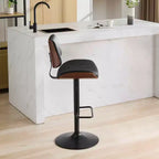 MAYEERTY Tabourets de Bar en Noyer Courbé - Milieu du Siècle Moderne, Hauteur Réglable, Cuir Noir, Pivotant à 360°, 1 Chaise/Carton