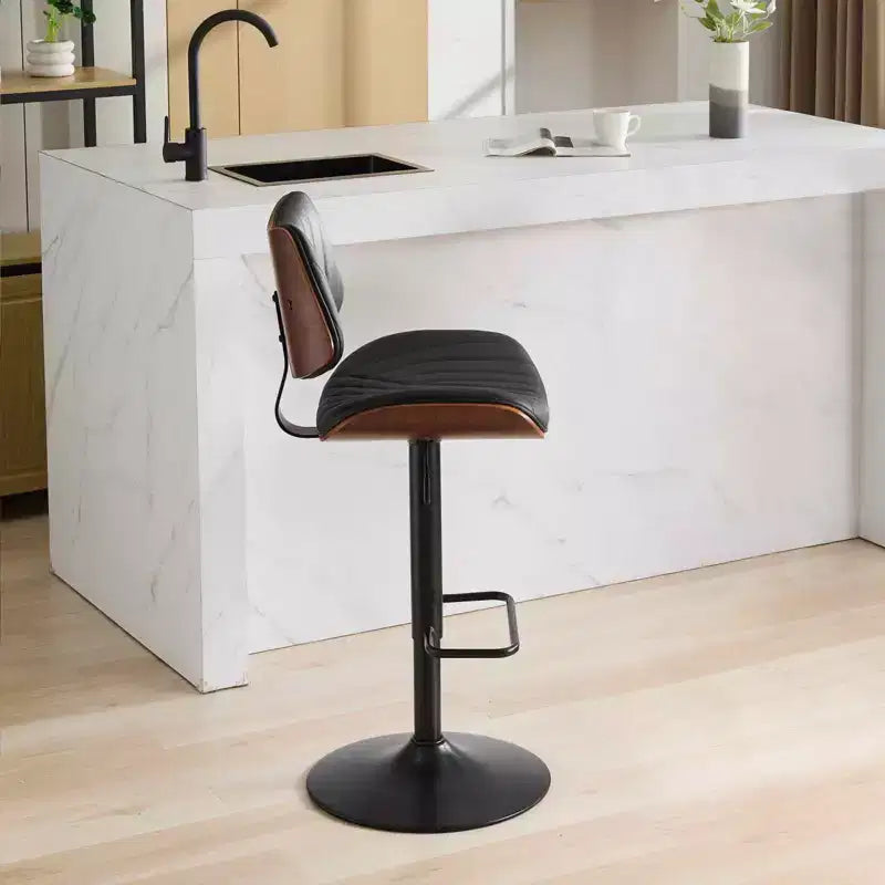 MAYEERTY Tabourets de Bar en Noyer Courbé - Milieu du Siècle Moderne, Hauteur Réglable, Cuir Noir, Pivotant à 360°, 1 Chaise/Carton