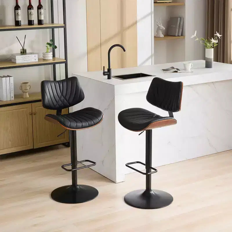 MAYEERTY Tabourets de Bar en Noyer Courbé - Milieu du Siècle Moderne, Hauteur Réglable, Cuir Noir, Pivotant à 360°, 1 Chaise/Carton