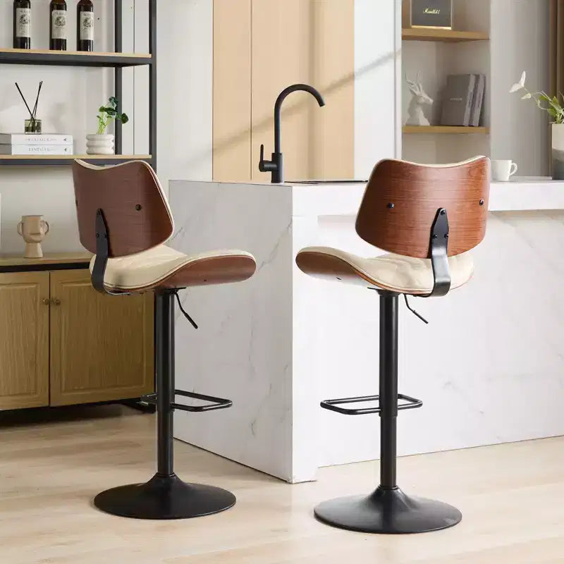 MAYEERTY Tabourets de Bar en Noyer Courbé - Milieu du Siècle Moderne, Hauteur Réglable, Cuir Noir, Pivotant à 360°, 1 Chaise/Carton