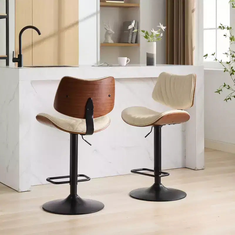 MAYEERTY Tabourets de Bar en Noyer Courbé - Milieu du Siècle Moderne, Hauteur Réglable, Cuir Noir, Pivotant à 360°, 1 Chaise/Carton