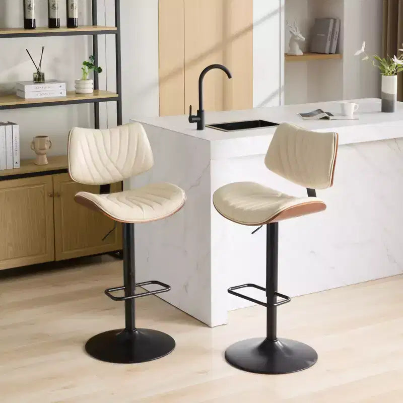 MAYEERTY Tabourets de Bar en Noyer Courbé - Milieu du Siècle Moderne, Hauteur Réglable, Cuir Noir, Pivotant à 360°, 1 Chaise/Carton
