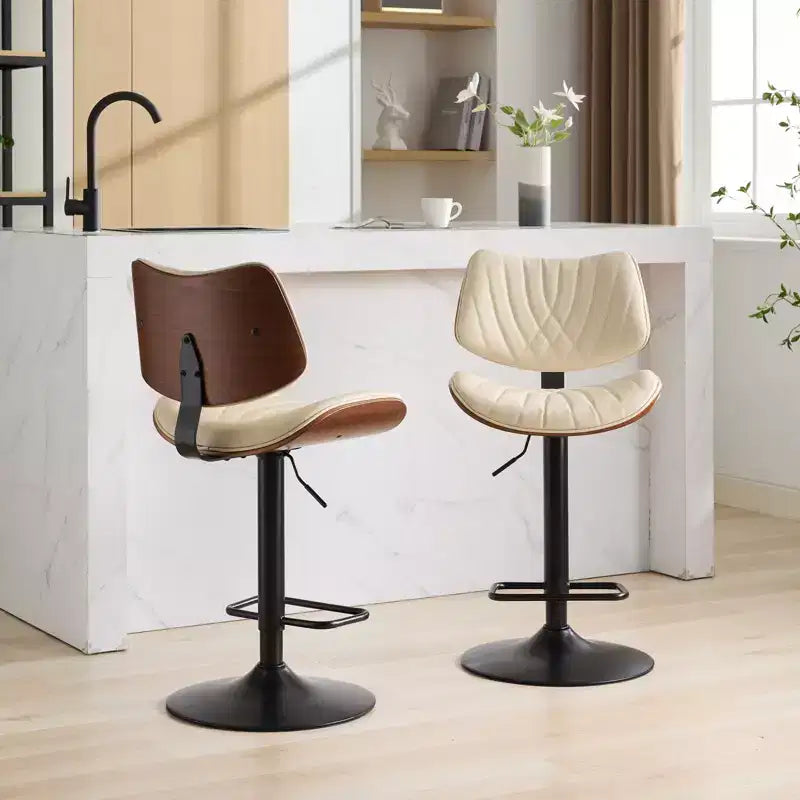 MAYEERTY Walnut Bentwood Bar Stools - Mid-Century Modern, Adjustable Height, Black Leather, 360 Swivel, 1 Chair/Carton