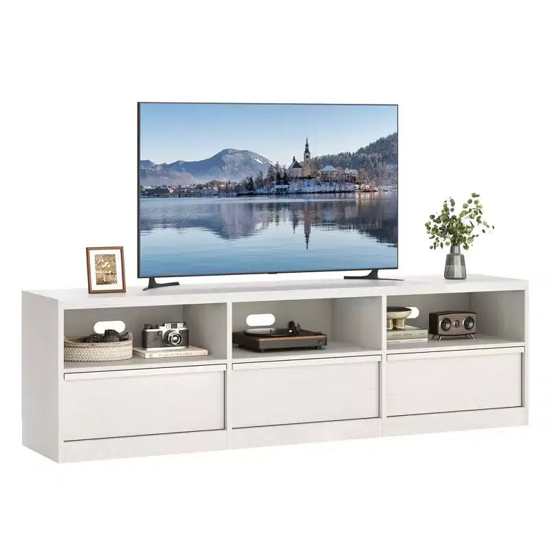 Meuble TV moderne, parfait pour les intérieurs de style industriel, avec 3 tiroirs et des étagères. Fabriqué en MDF robuste, idéal pour les salons