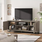 Meuble TV de style ferme Meuble TV gris avec pieds en métal robustes et étagères réglables Meuble multimédia en bois adapté aux salons et aux chambres