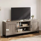 Meuble TV de style ferme Meuble TV gris avec pieds en métal robustes et étagères réglables Meuble multimédia en bois adapté aux salons et aux chambres
