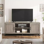 Meuble TV de style ferme Meuble TV gris avec pieds en métal robustes et étagères réglables Meuble multimédia en bois adapté aux salons et aux chambres