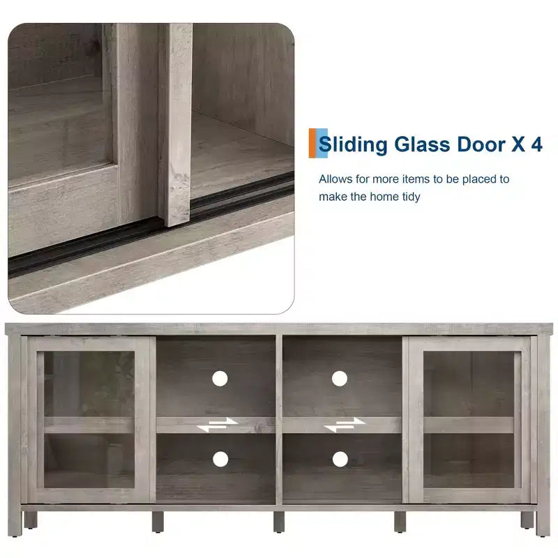 Meuble TV coulissant en verre, adapté aux centres de divertissement avec armoires de rangement, meuble média moderne du milieu du siècle, parfait pour le salon.