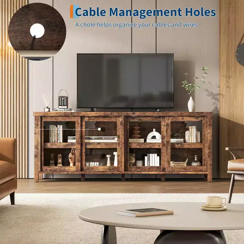 Meuble TV coulissant en verre, adapté aux centres de divertissement avec armoires de rangement, meuble média moderne du milieu du siècle, parfait pour le salon.