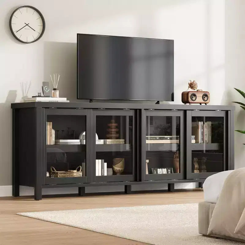 Meuble TV coulissant en verre, adapté aux centres de divertissement avec armoires de rangement, meuble média moderne du milieu du siècle, parfait pour le salon.