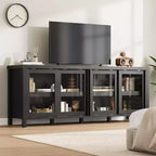 Meuble TV coulissant en verre, adapté aux centres de divertissement avec armoires de rangement, meuble média moderne du milieu du siècle, parfait pour le salon.