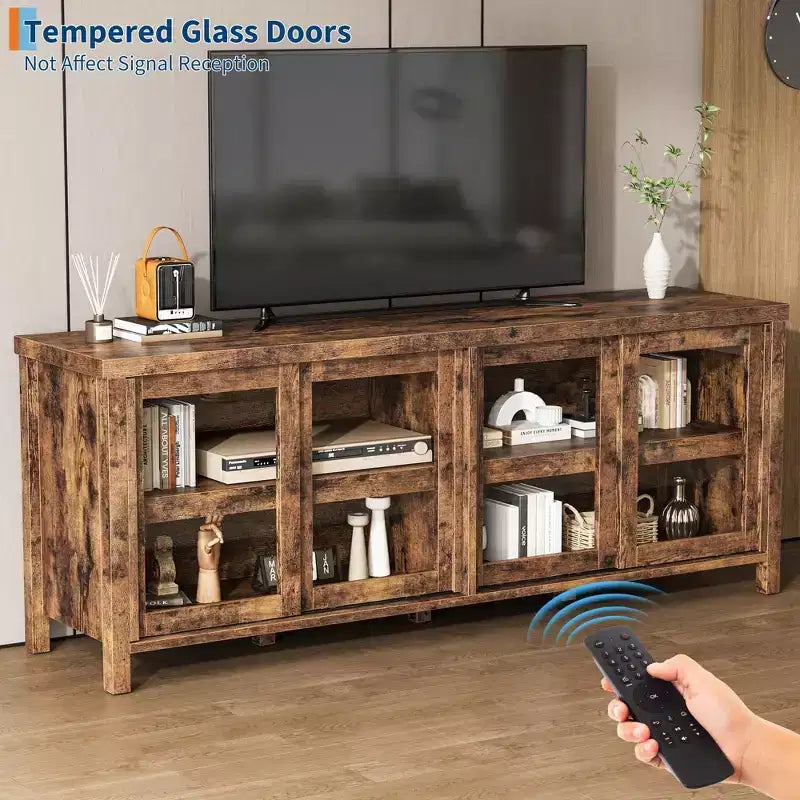 Meuble TV coulissant en verre, adapté aux centres de divertissement avec armoires de rangement, meuble média moderne du milieu du siècle, parfait pour le salon.