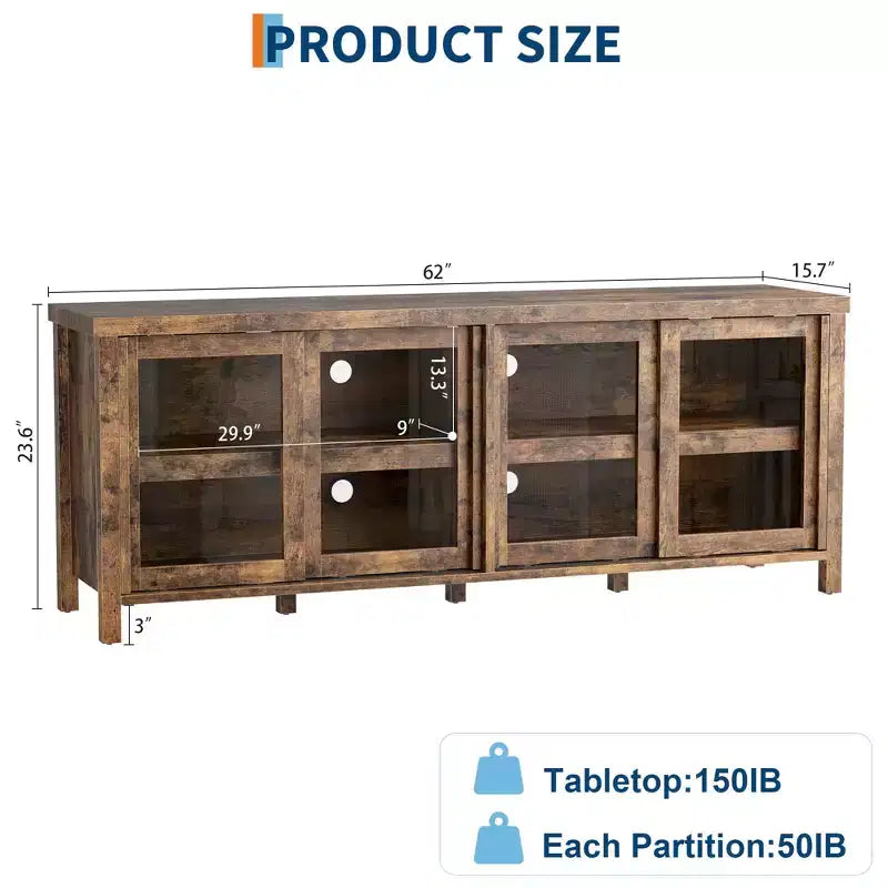 Meuble TV coulissant en verre, adapté aux centres de divertissement avec armoires de rangement, meuble média moderne du milieu du siècle, parfait pour le salon.