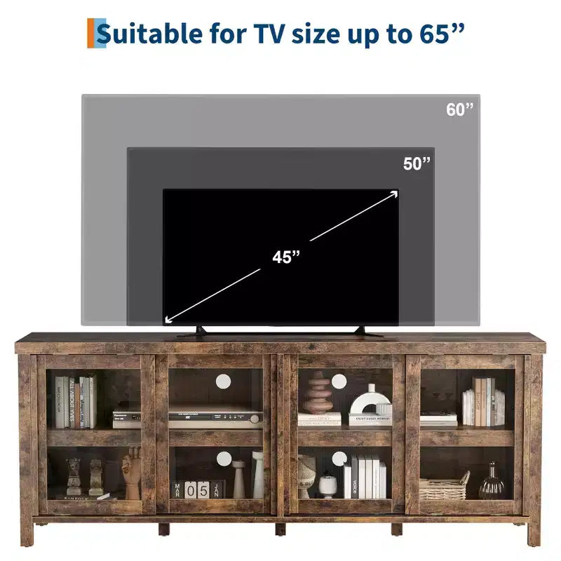 Meuble TV coulissant en verre, adapté aux centres de divertissement avec armoires de rangement, meuble média moderne du milieu du siècle, parfait pour le salon.