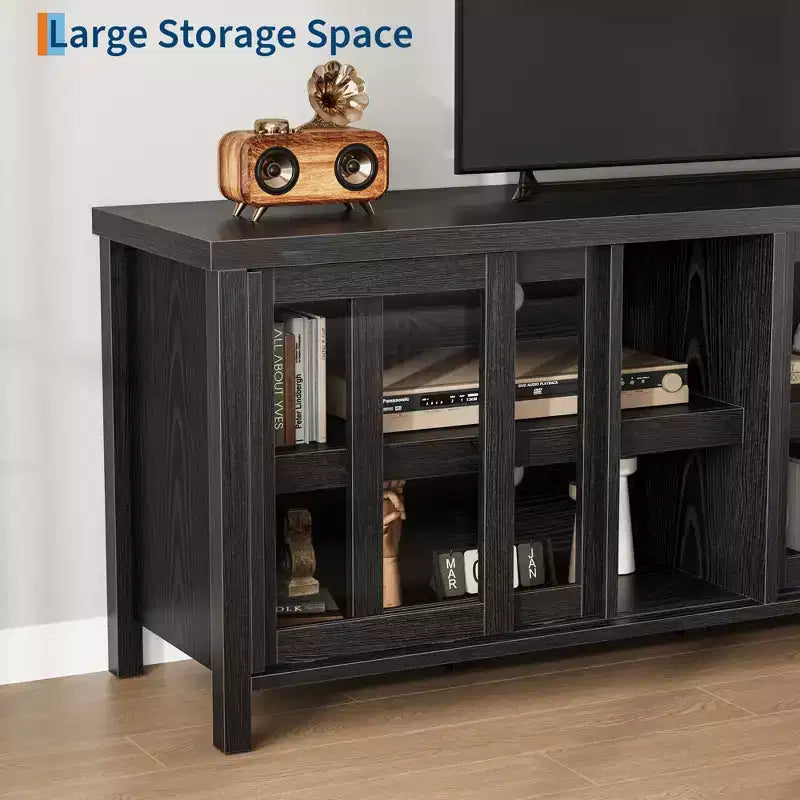 Meuble TV coulissant en verre, adapté aux centres de divertissement avec armoires de rangement, meuble média moderne du milieu du siècle, parfait pour le salon.