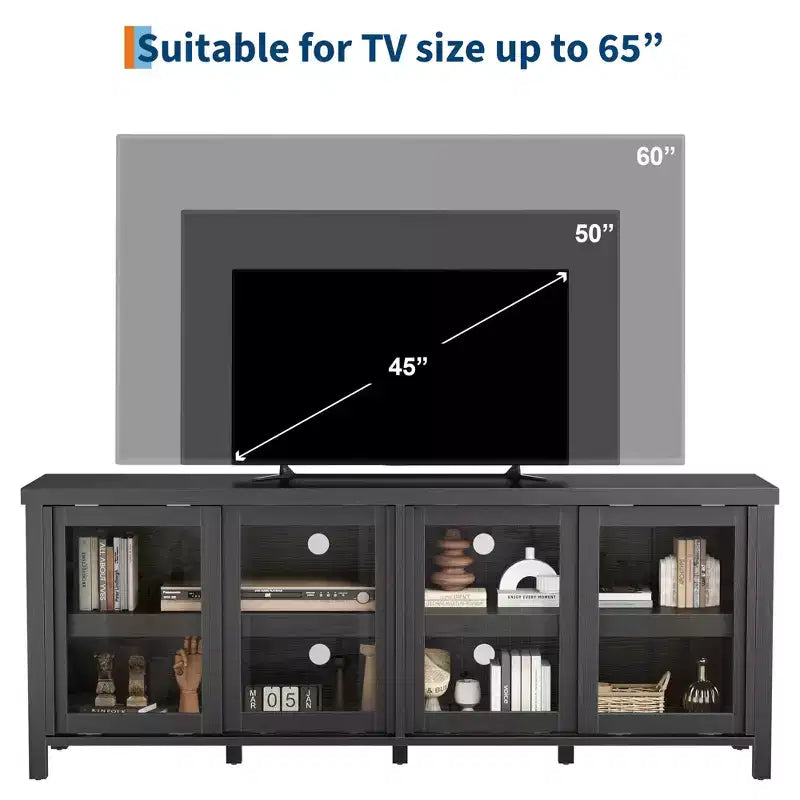 Meuble TV coulissant en verre, adapté aux centres de divertissement avec armoires de rangement, meuble média moderne du milieu du siècle, parfait pour le salon.
