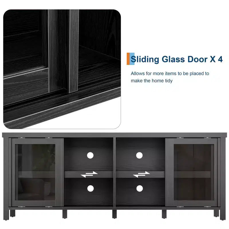 Meuble TV coulissant en verre, adapté aux centres de divertissement avec armoires de rangement, meuble média moderne du milieu du siècle, parfait pour le salon.