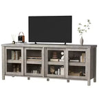 Meuble TV coulissant en verre, adapté aux centres de divertissement avec armoires de rangement, meuble média moderne du milieu du siècle, parfait pour le salon.