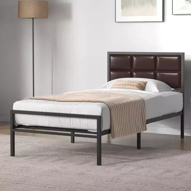 GustoWave Metal Bed Frame, Heavy Duty Metal Bed Platform w/Faux Leather Upholstered Chocolate Headboard, 10 in Under Bed Storage