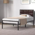 GustoWave Metal Bed Frame, Heavy Duty Metal Bed Platform w/Faux Leather Upholstered Chocolate Headboard, 10 in Under Bed Storage