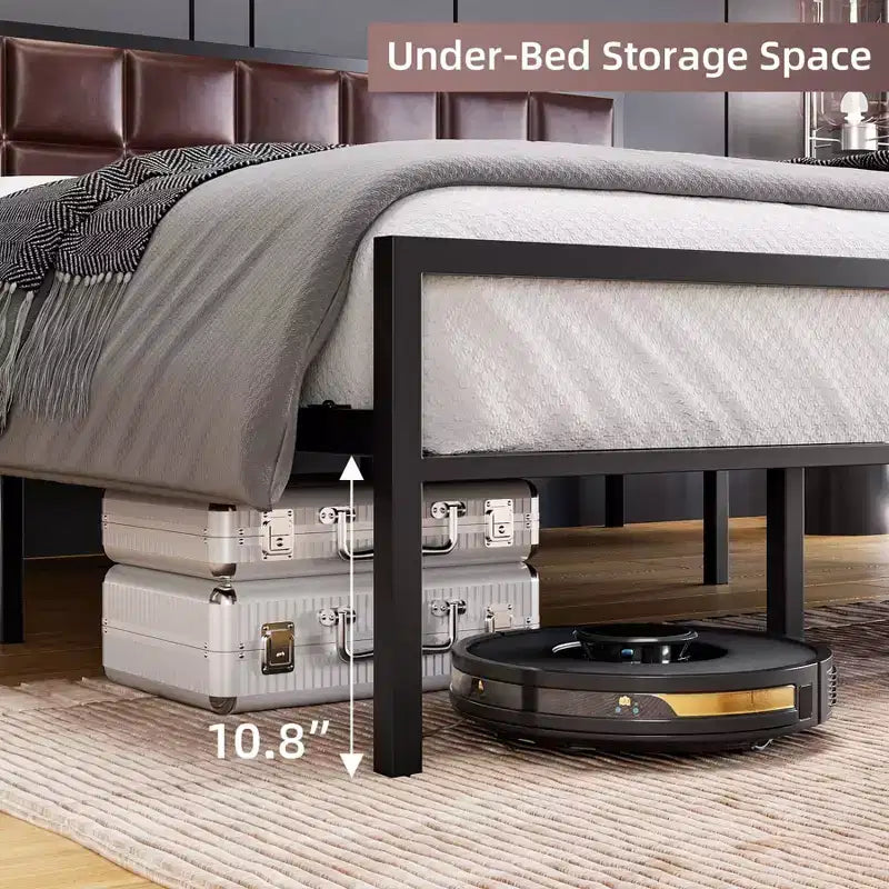 GustoWave Metal Bed Frame, Heavy Duty Metal Bed Platform w/Faux Leather Upholstered Chocolate Headboard, 10 in Under Bed Storage