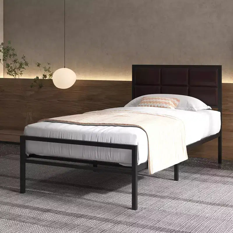 GustoWave Metal Bed Frame, Heavy Duty Metal Bed Platform w/Faux Leather Upholstered Chocolate Headboard, 10 in Under Bed Storage