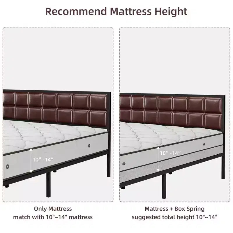 GustoWave Metal Bed Frame, Heavy Duty Metal Bed Platform w/Faux Leather Upholstered Chocolate Headboard, 10 in Under Bed Storage