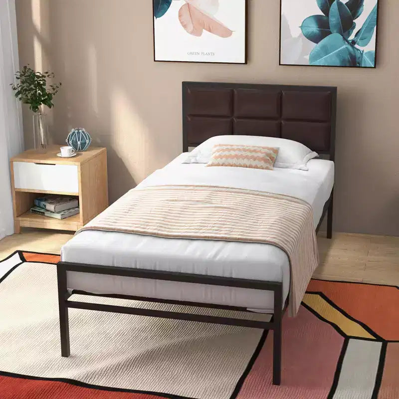 GustoWave Metal Bed Frame, Heavy Duty Metal Bed Platform w/Faux Leather Upholstered Chocolate Headboard, 10 in Under Bed Storage