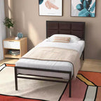 GustoWave Metal Bed Frame, Heavy Duty Metal Bed Platform w/Faux Leather Upholstered Chocolate Headboard, 10 in Under Bed Storage
