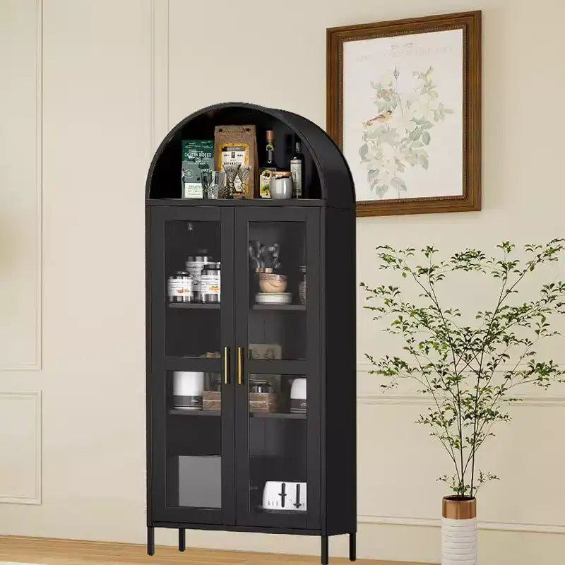 Arched Storage Cabinet, Metal Display Cabinet with Glass Doors